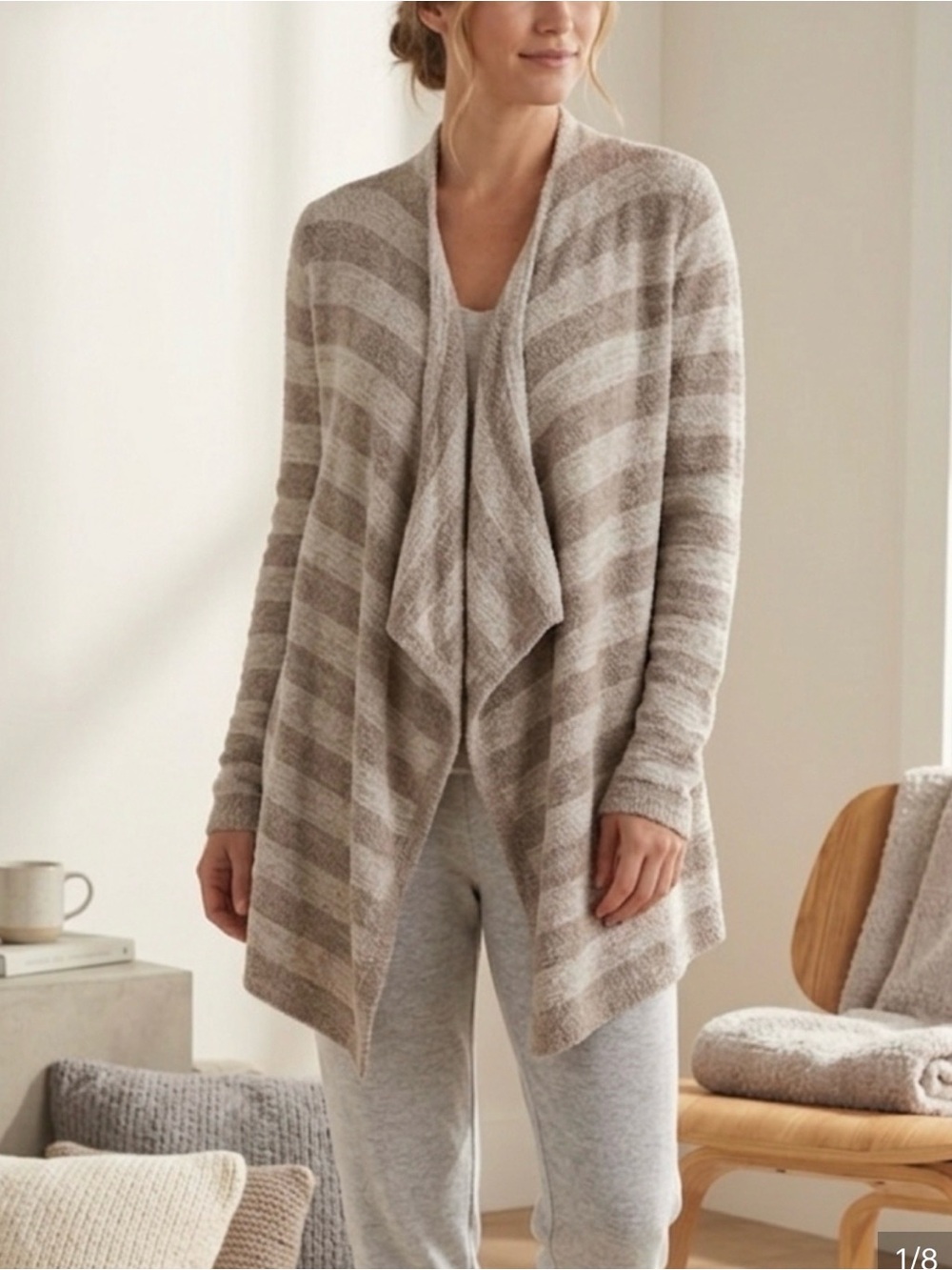 Barefoot Dreams Bamboo Chic Lite Tan Striped Open Front Cardigan Size S/M